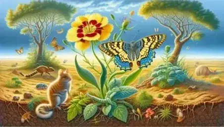 Mariposa con alas azules posada en flor amarilla, roedor marrón erguido en pasto verde y libélula volando en cielo despejado de fondo.
