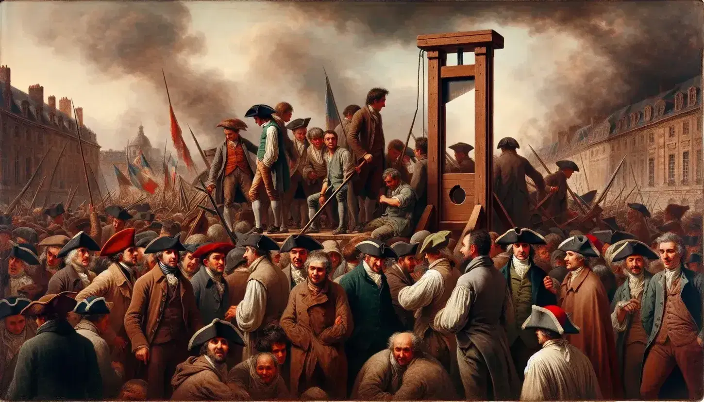 Chaotic French Revolution scene with animated crowd, some in Phrygian caps, and a prominent guillotine against a smoky Paris backdrop.