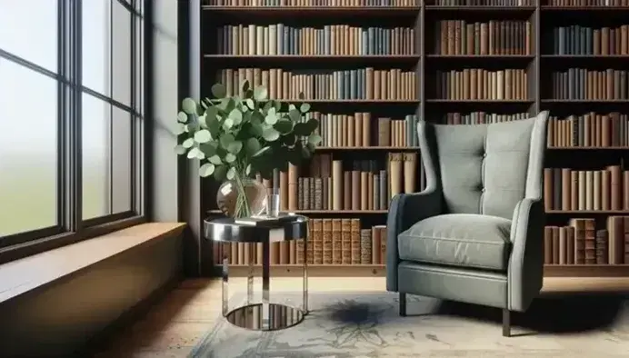 Neatly organized psychiatrist's office with a blue chair, black leather office chair, wooden side table with green leaves in a vase, and a bookshelf against a light wall.