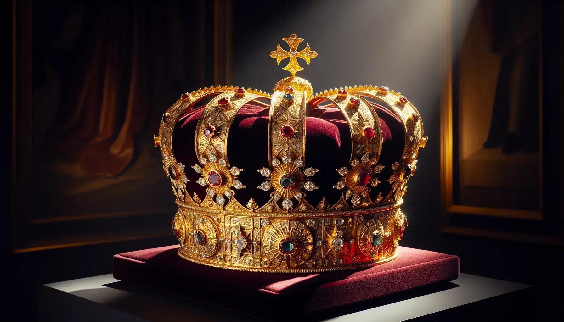 Corona Imperiale del Sacro Romano Impero in oro con gemme incastonate, su supporto di velluto rosso scuro.