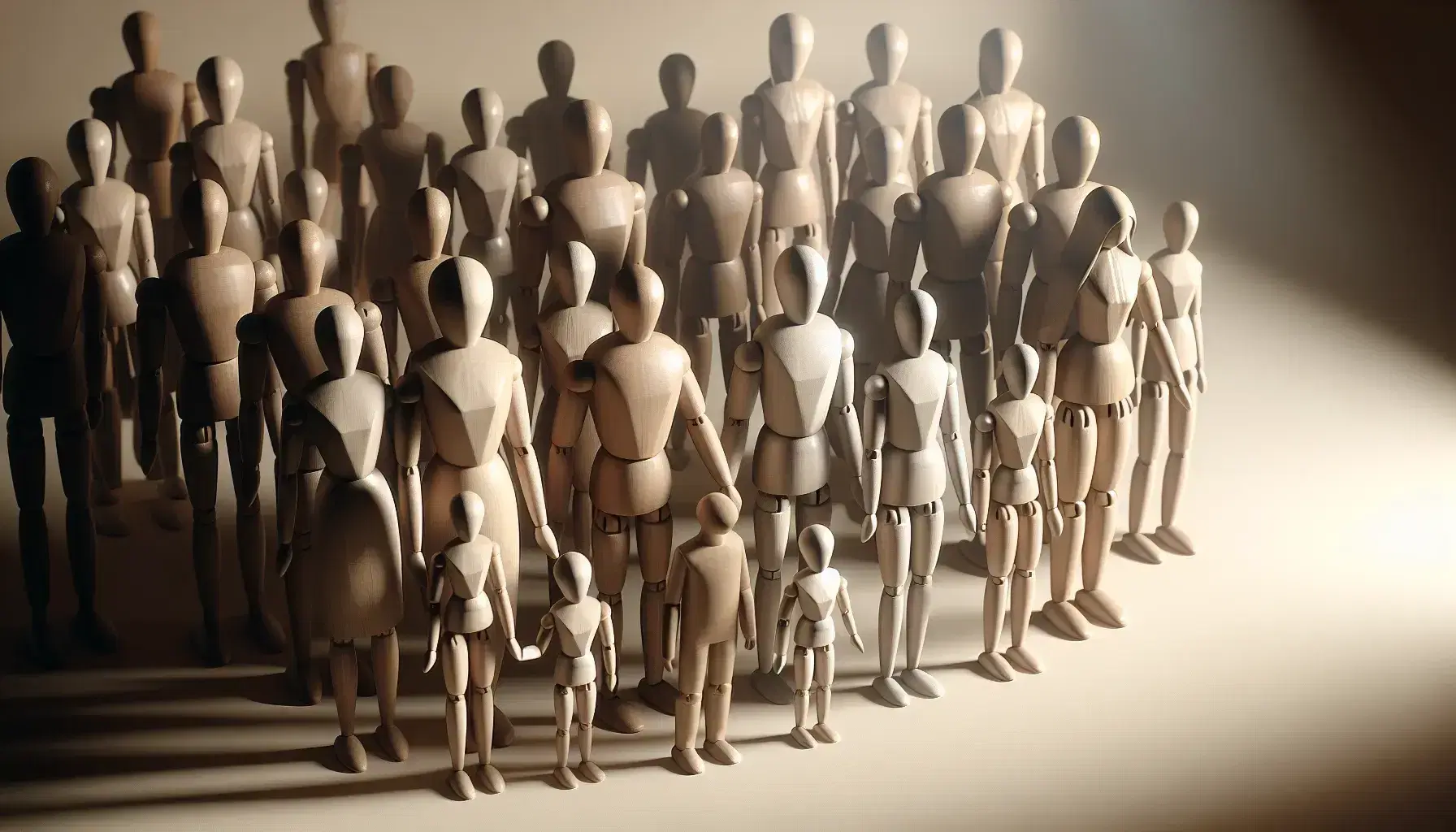 Figuras humanas de madera sin rostro representando una familia, con adultos y niños tomados de la mano y una figura aislada al fondo.