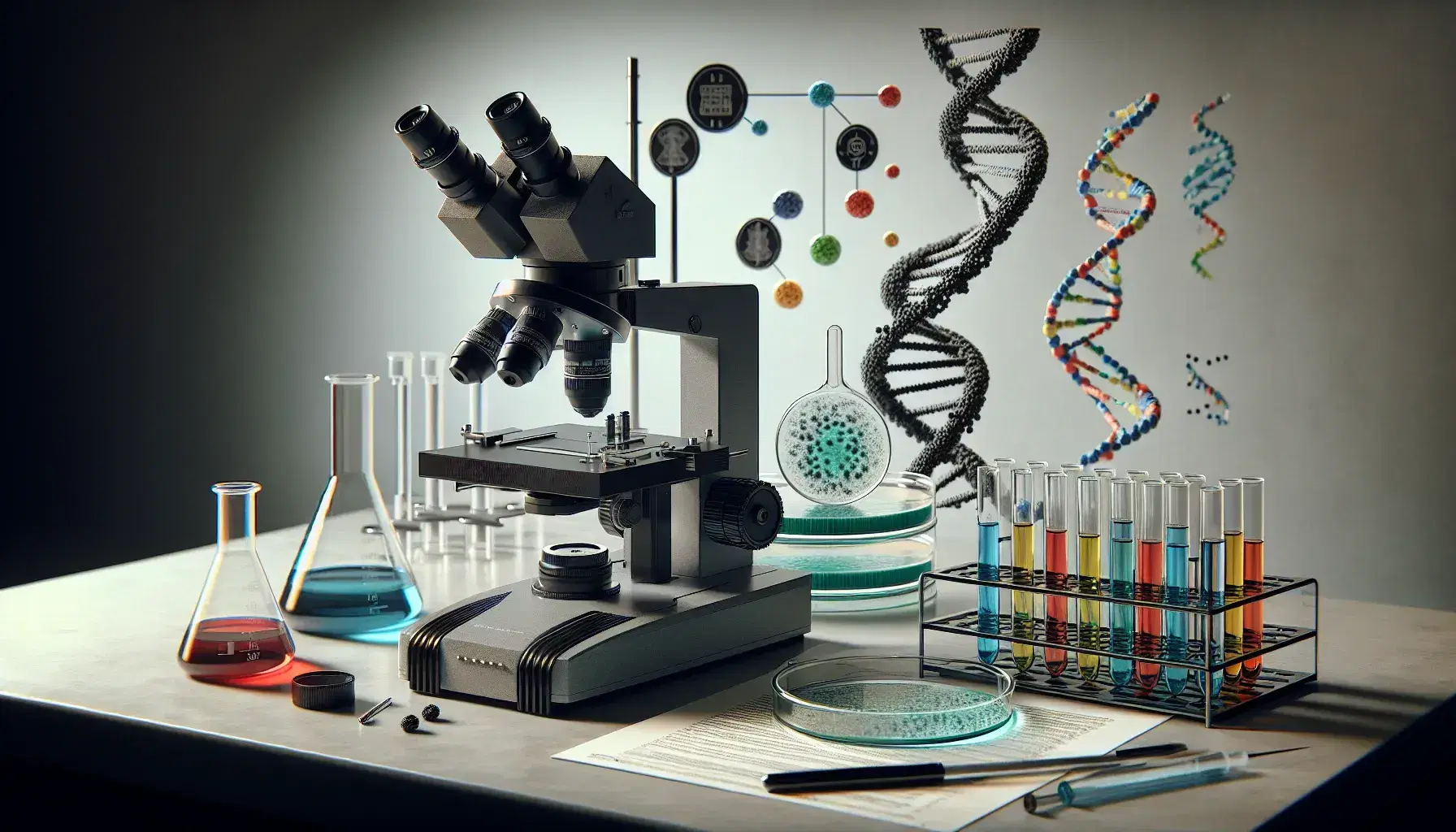 Banco laboratorio con microscopio elettronico, provette colorate, Petri con gel e macchie verdi, modello DNA, mela rossa e bicchiere d'acqua.