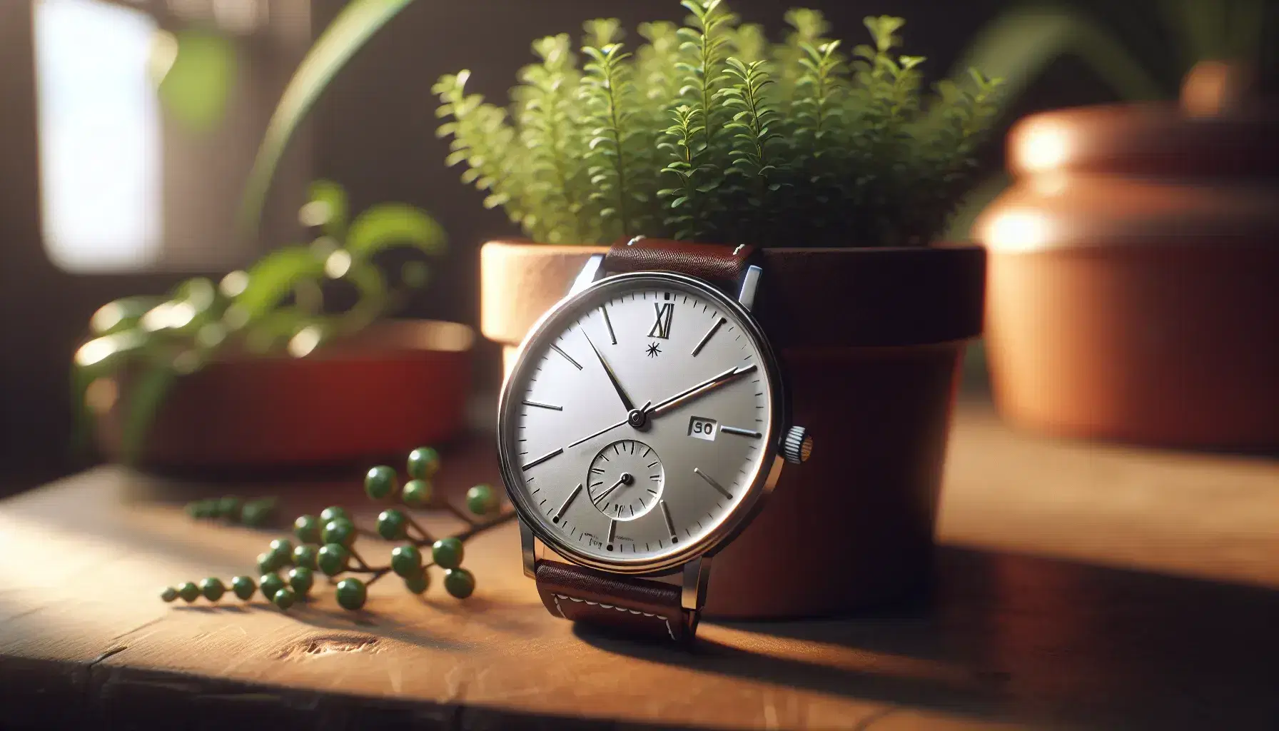 Orologio da polso classico con cinturino in pelle marrone, quadrante bianco con numeri romani e lancette metalliche, accanto a pianta verde in vaso.