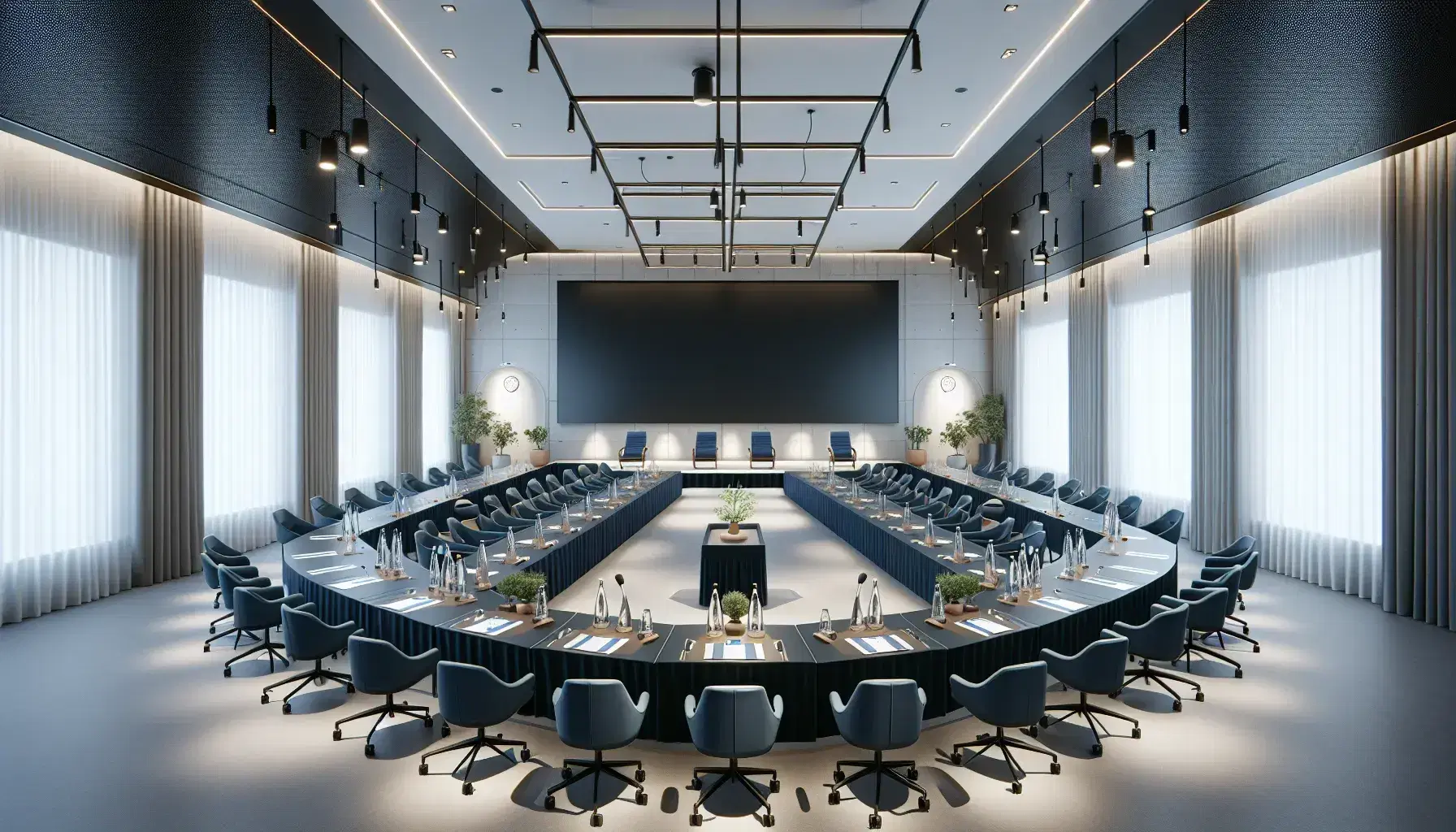 Sala conferenze moderna con tavoli a ferro di cavallo, sedie ergonomiche nere, podio con microfono e schermo spento, illuminazione a LED.