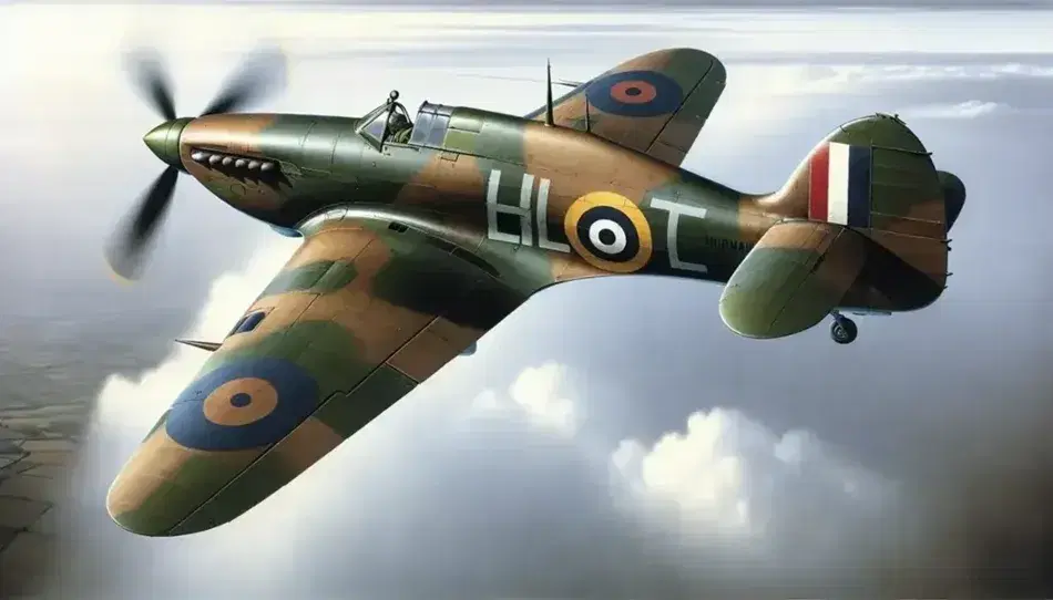 Hawker Hurricane fighter in flight with dark green and brown camouflage livery, sky blue belly, at high altitude on a cloudy background.
