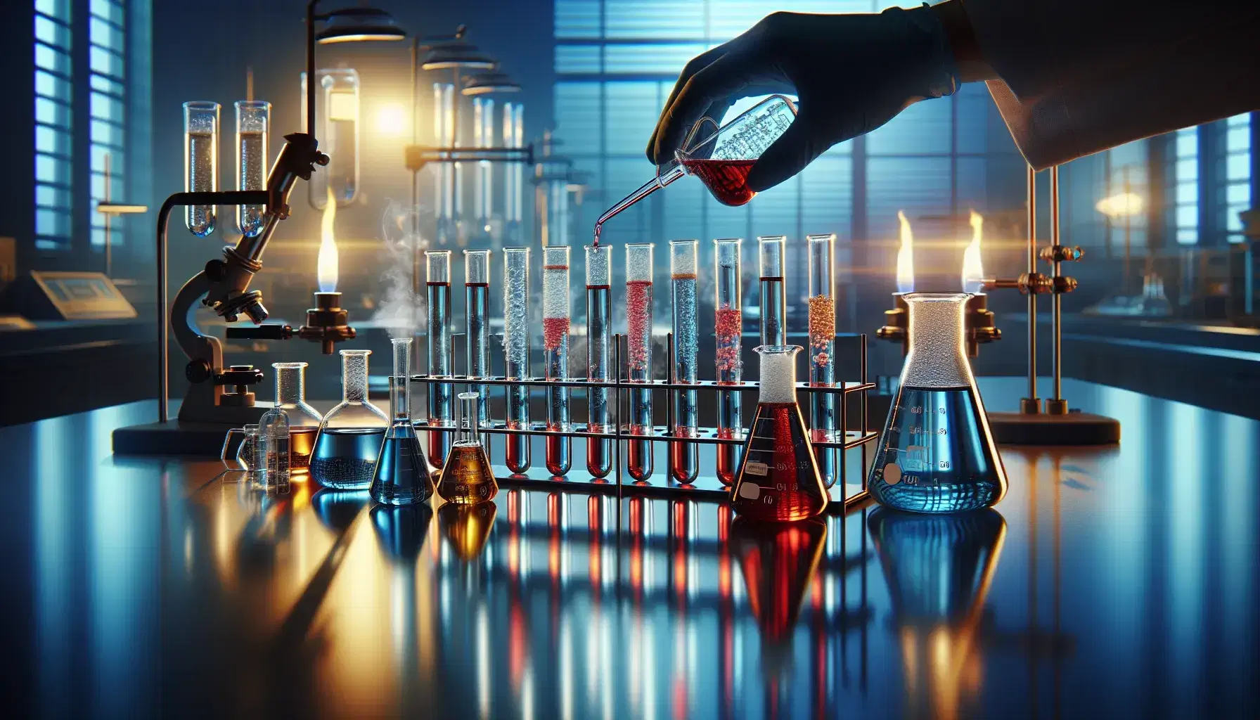 Laboratorio chimico con provette contenenti liquidi colorati, braccio di tecnico versa liquido rosso, fiamme blu da Bunsen.