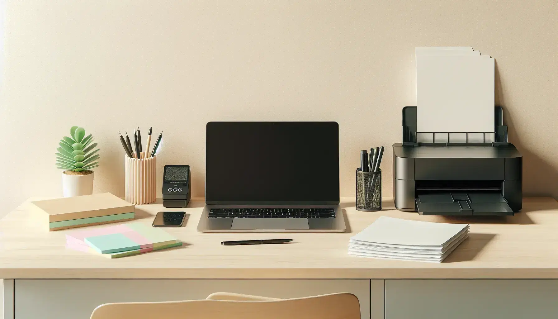 Escritorio de oficina de madera clara con laptop moderno, impresora negra, papeles apilados, escáner o terminal POS, portalápices y notas adhesivas, planta verde al fondo.