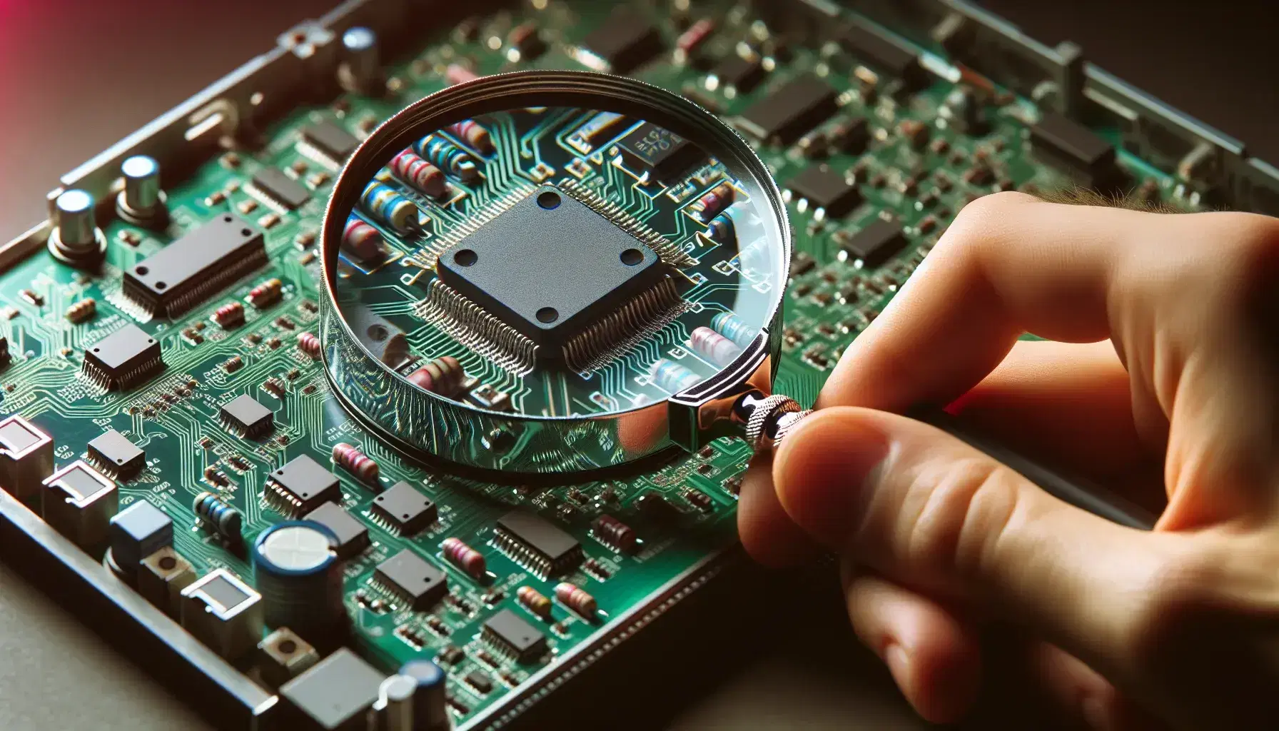 Close-up of a magnifying glass in hand examining a circuit board with detailed electronic components on blurred background.