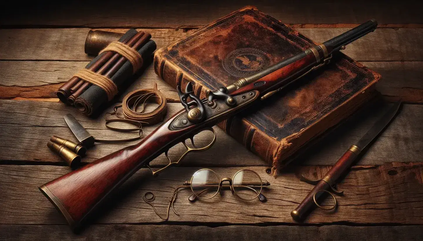 Collection of antique Civil War objects on rustic wood: musket, leather journal, 19th century glasses and faded kepi hat.