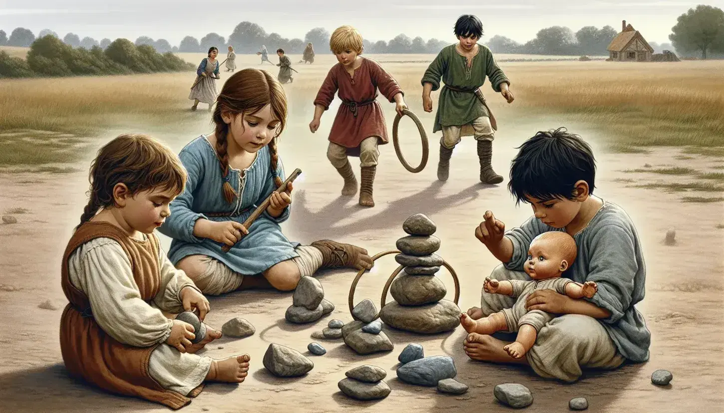 Niños jugando en campo abierto, uno apilando piedras, otro con muñeca de trapo, dos con aro de madera y el mayor con cometa, bajo cielo azul.
