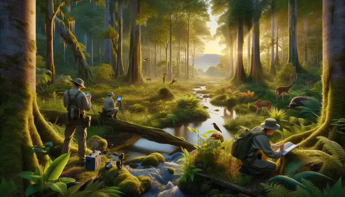 Lush forest at golden hour with three conservationists examining flora, a meandering stream, wildlife, and a sunlit canopy.