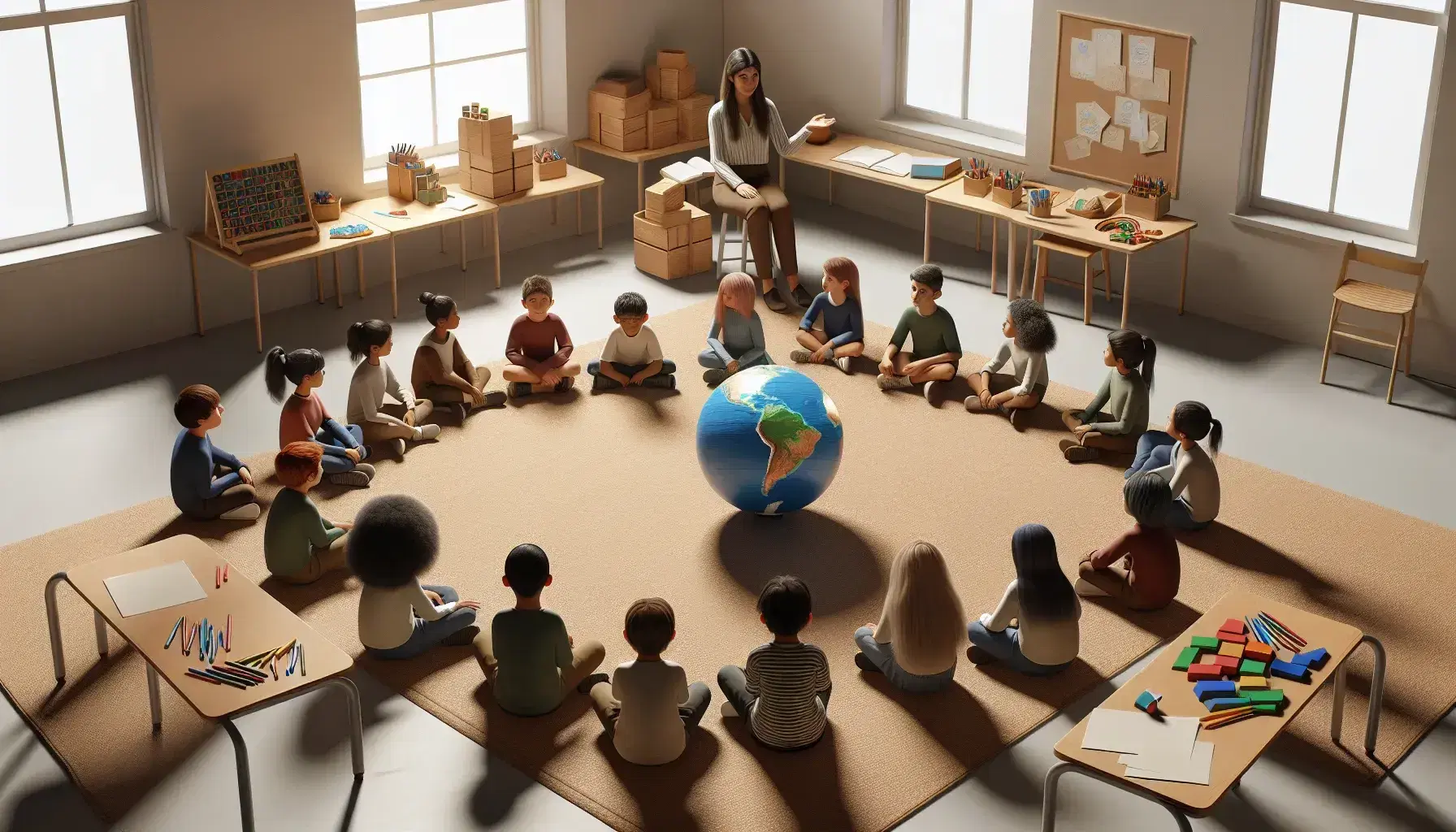 Diverse group of students sitting in a semi-circle around a teacher holding a globe, with educational toys and crayons on the classroom floor.