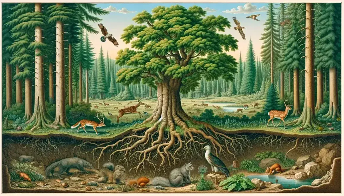 Dense forest scene with a prominent tree, intertwined roots, playful squirrels, a grazing deer, a hidden predator, birds, and a heron by a pond.