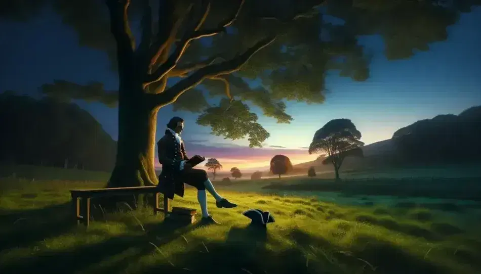 Paesaggio naturale al tramonto con uomo in abiti del XVIII secolo seduto su panchina, leggendo un libro sotto un albero frondoso.