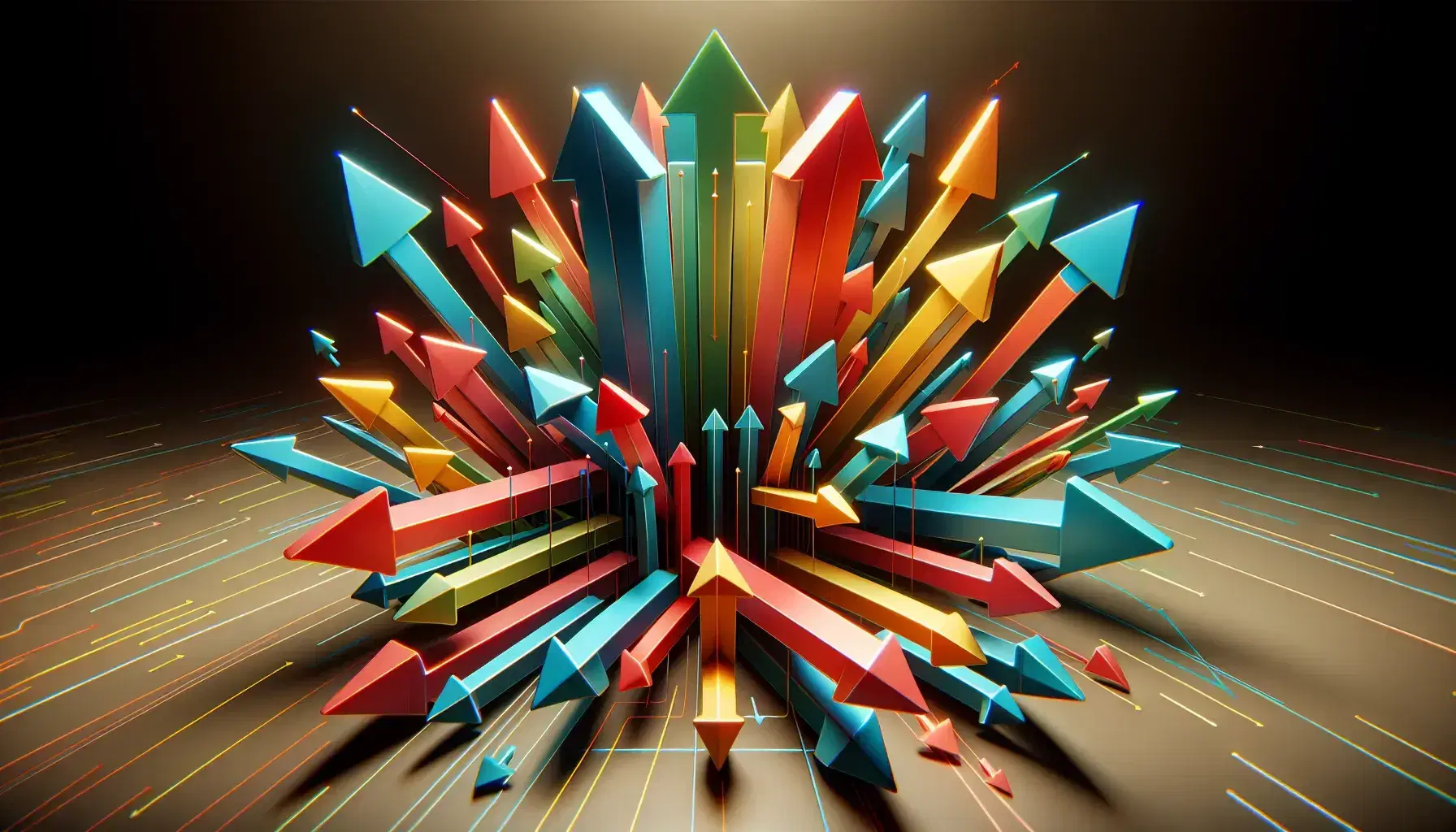 Flechas tridimensionales de colores brillantes apuntando en distintas direcciones en un espacio vacío, simbolizando conceptos de dirección y movimiento vectorial.