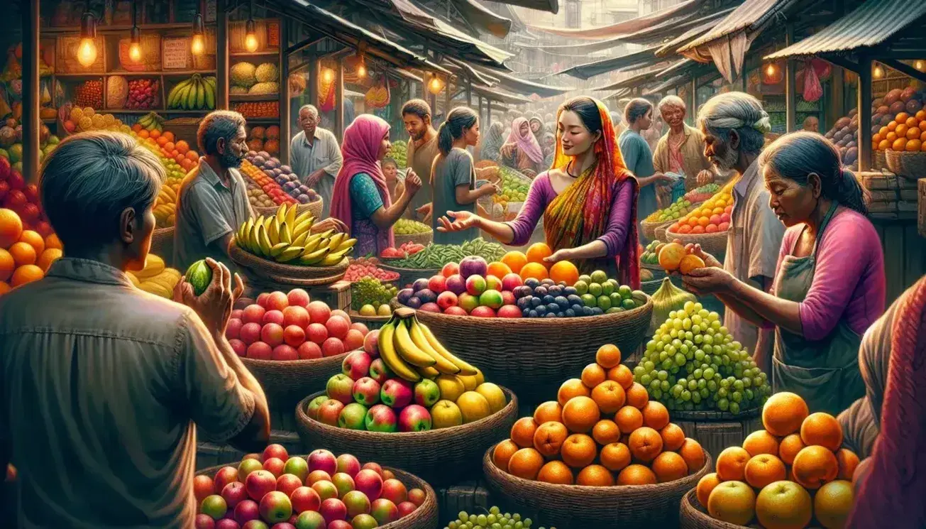 Bustling marketplace with colorful fruit stand manned by South Asian vendor, diverse shoppers in motion, and warm, natural lighting.
