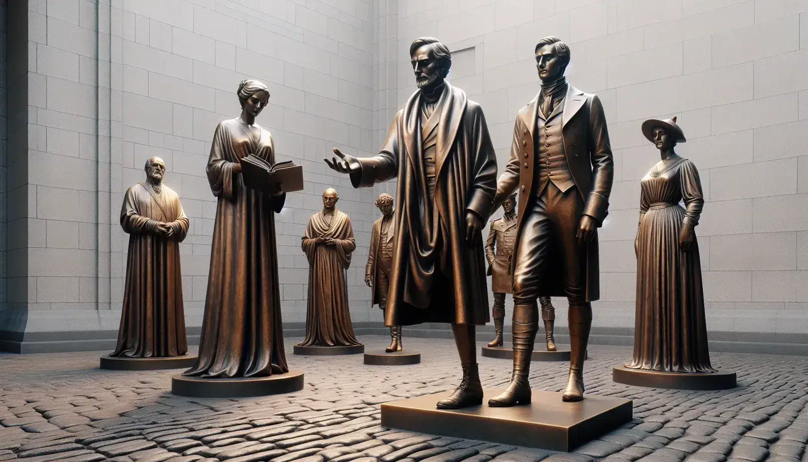 Grupo de estatuas de bronce representando personas de distintas épocas, con un hombre y una mujer en primer plano, en un entorno de piedra y adoquines.