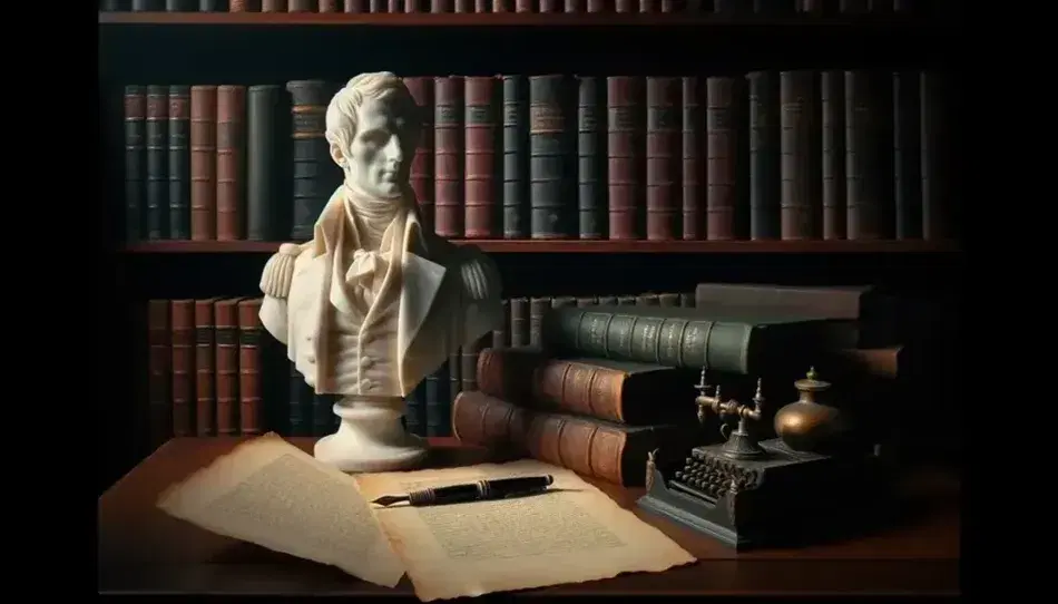 Statua marmorea bianca di figura storica con abiti d'epoca, espressione pensierosa, su sfondo di libreria antica e macchina da scrivere.