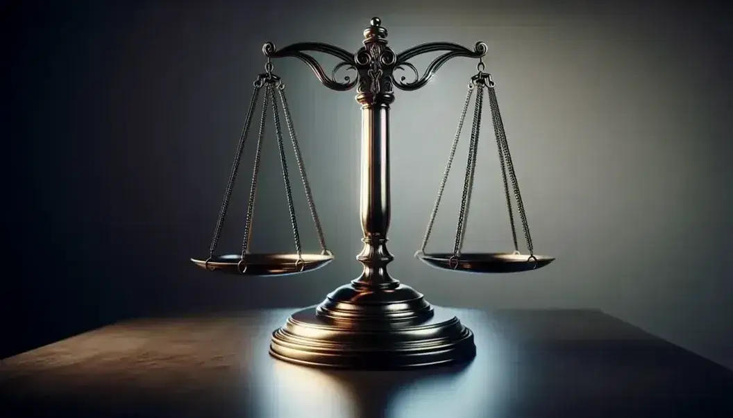 Balanza de justicia clásica equilibrada en superficie de madera oscura, con soporte metálico brillante y figura decorativa en la cima.