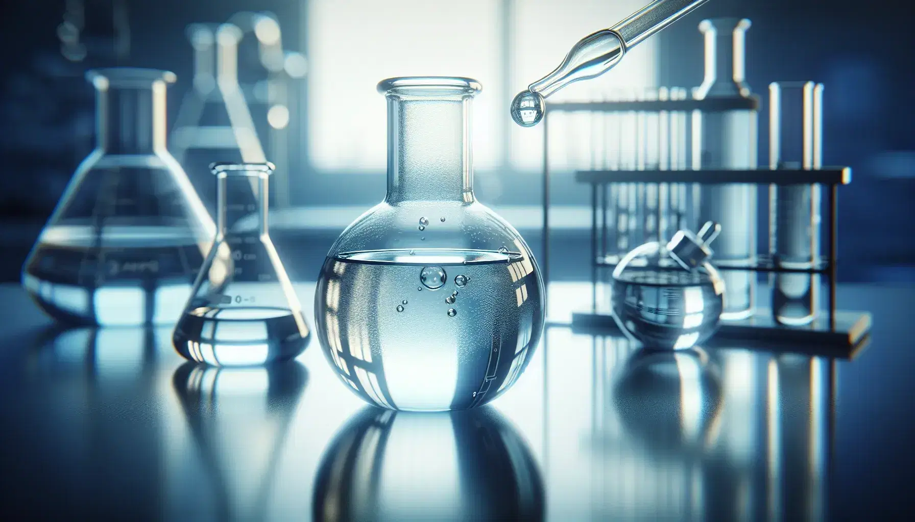 Transparent glass flask on reflective laboratory bench with colorless liquid and bubbles, dropper above, blurred background of laboratory glassware.
