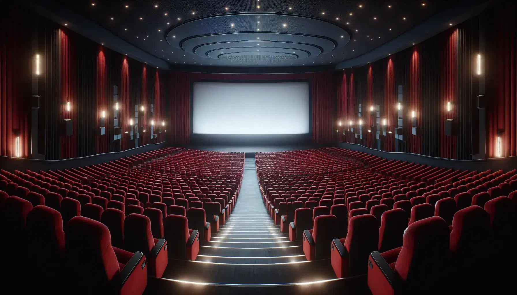 Butacas de terciopelo rojo vacías en un cine clásico con pantalla blanca grande y cortinas oscuras, iluminación tenue y sin personas.