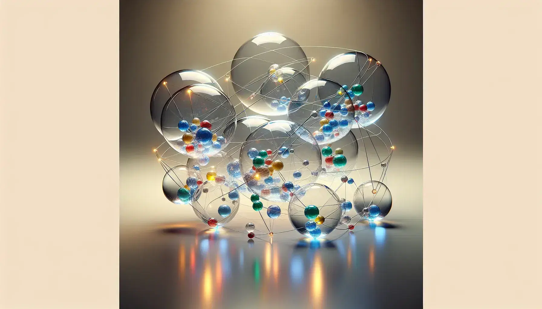 Palloncini trasparenti collegati da fili sottili con sfere colorate al loro interno su sfondo neutro, creando una rete luminosa e riflettente.