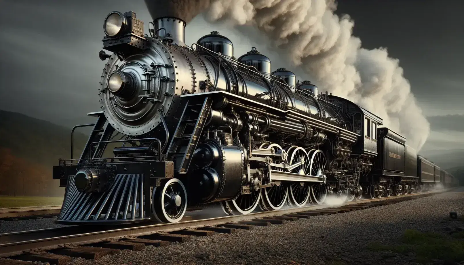 Classic steam locomotive with black boiler, shiny metal pistons and spoked wheels on tracks, surrounded by steam and blurry nature.