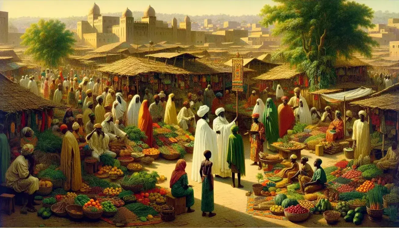 Mercato all'aperto africano con persone in abiti tradizionali tra banchi di frutta e verdura, sotto alberi e strutture semplici.