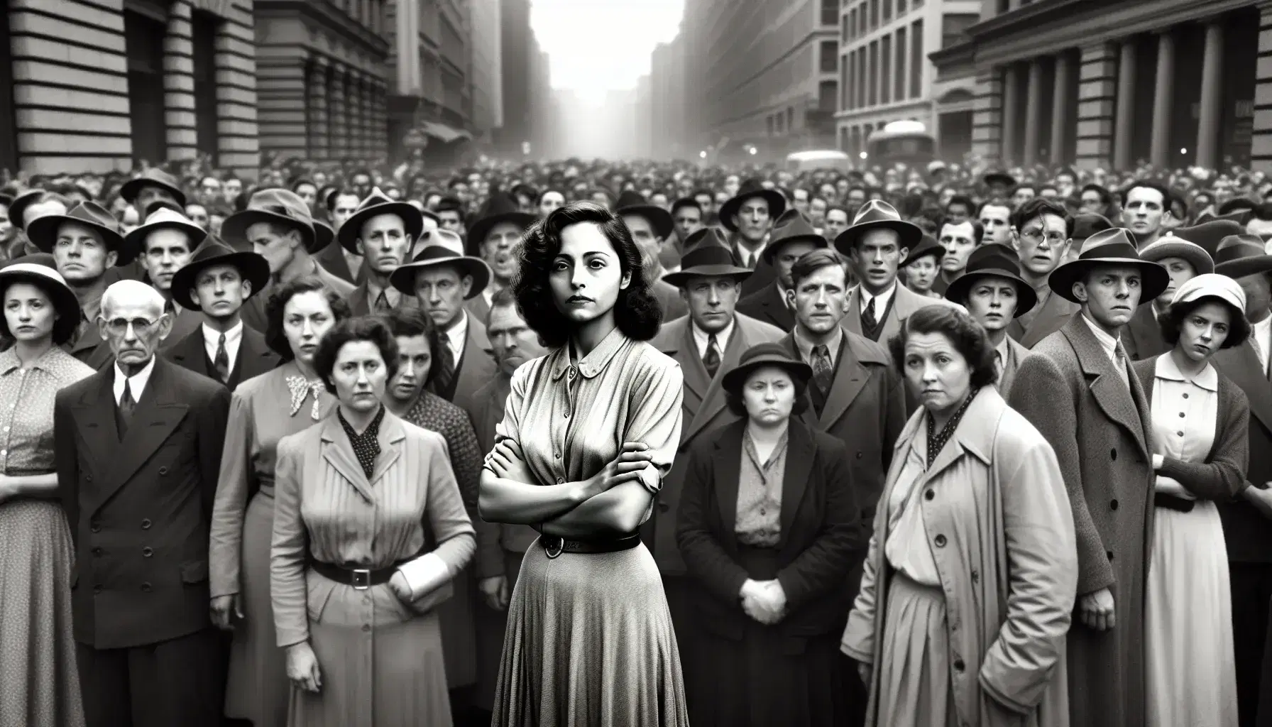 Black and white photograph of a historical protest with a Middle Eastern woman in the foreground, dressed in 1940s style, and a determined crowd of various ethnicities on a blurry city street.