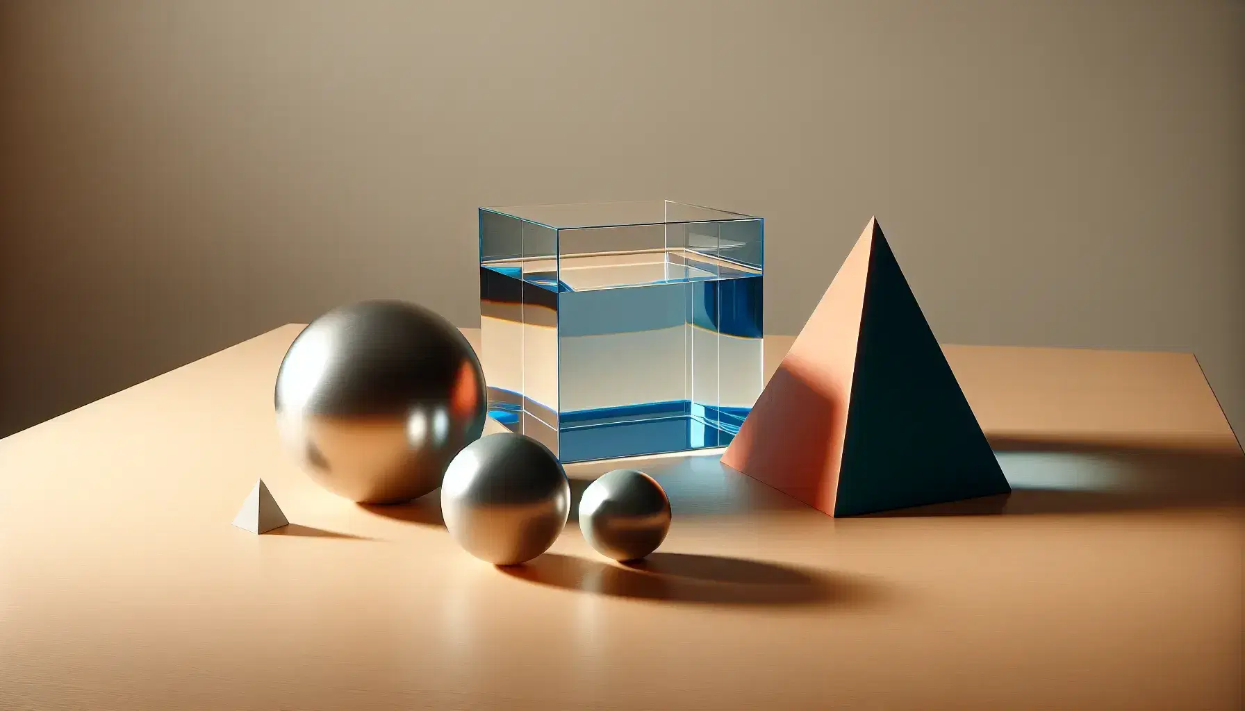 Transparent glass cube with blue liquid, reflective metallic sphere, matte red pyramid, green cone, and horizontal yellow cylinder on a wooden surface.