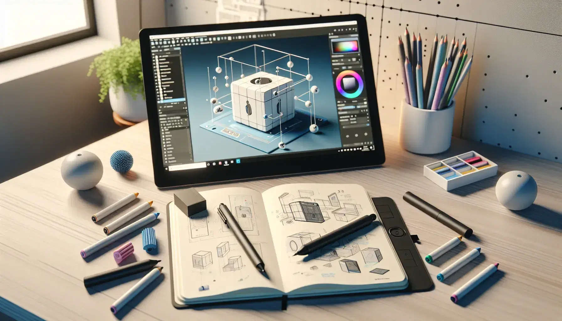 Espacio de trabajo creativo con prototipo 3D, cuaderno de bocetos, marcadores, lápices, tableta gráfica y planta, iluminado cálidamente.
