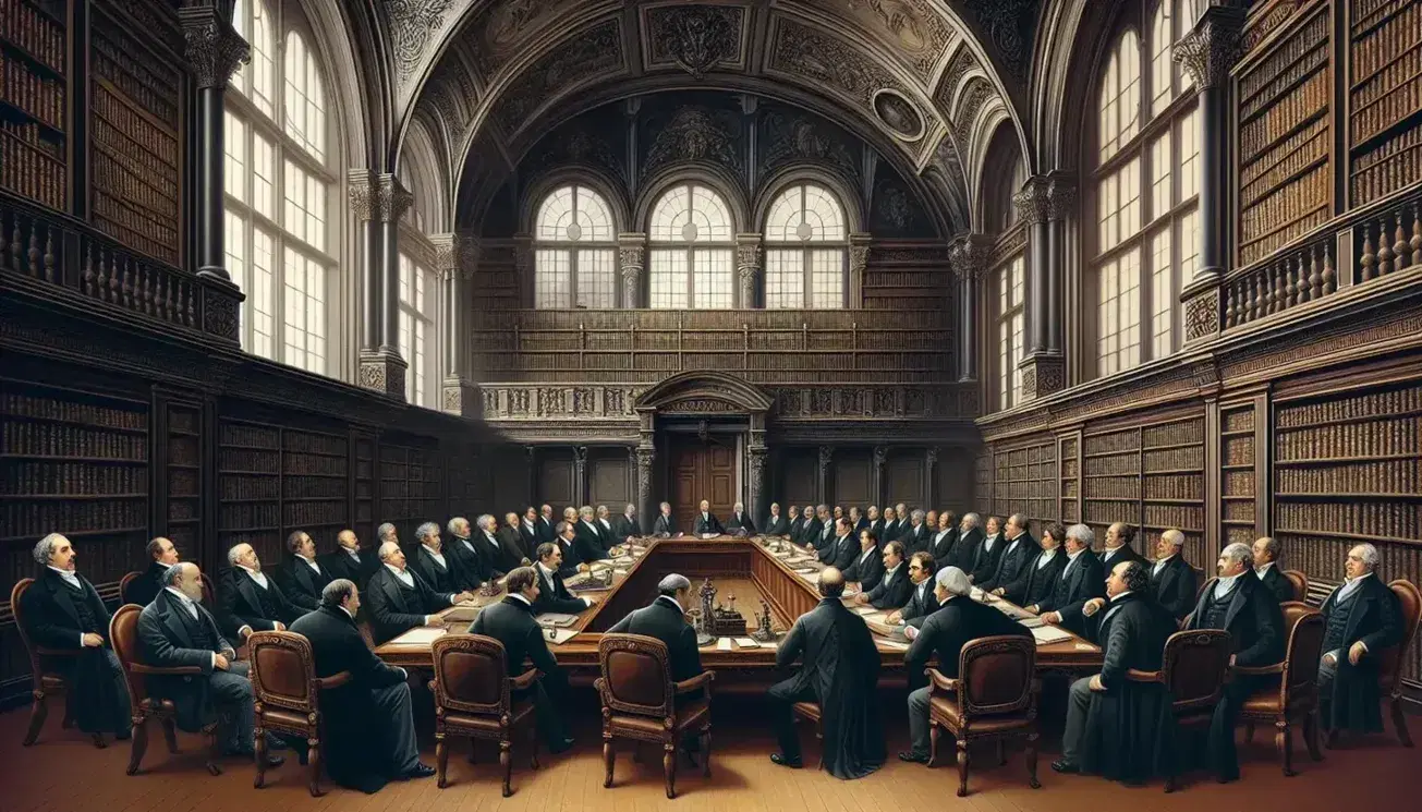 19th-century European parliamentary chamber with men in period attire engaged in discussion around a mahogany table, ornate interior, and a large globe.