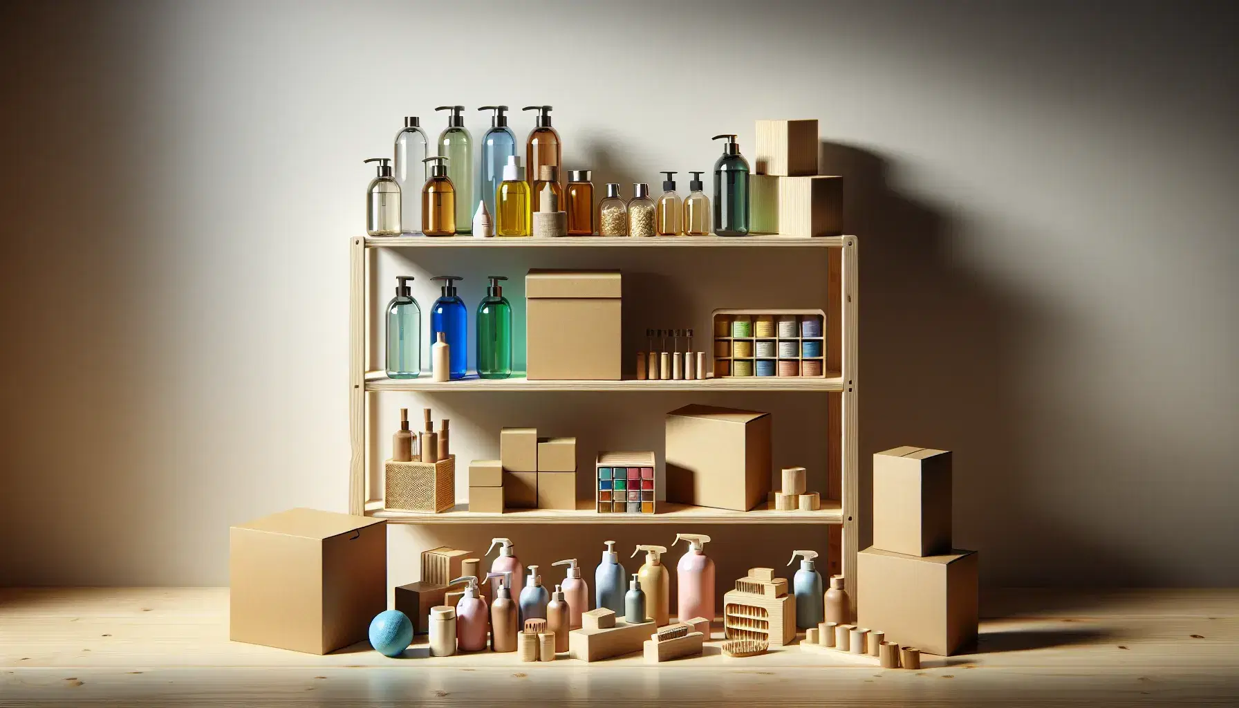 Estante de madera con frascos de vidrio, cajas de cartón coloridas y botellas de plástico, junto a objetos como pelota y cubo en mesa delante.