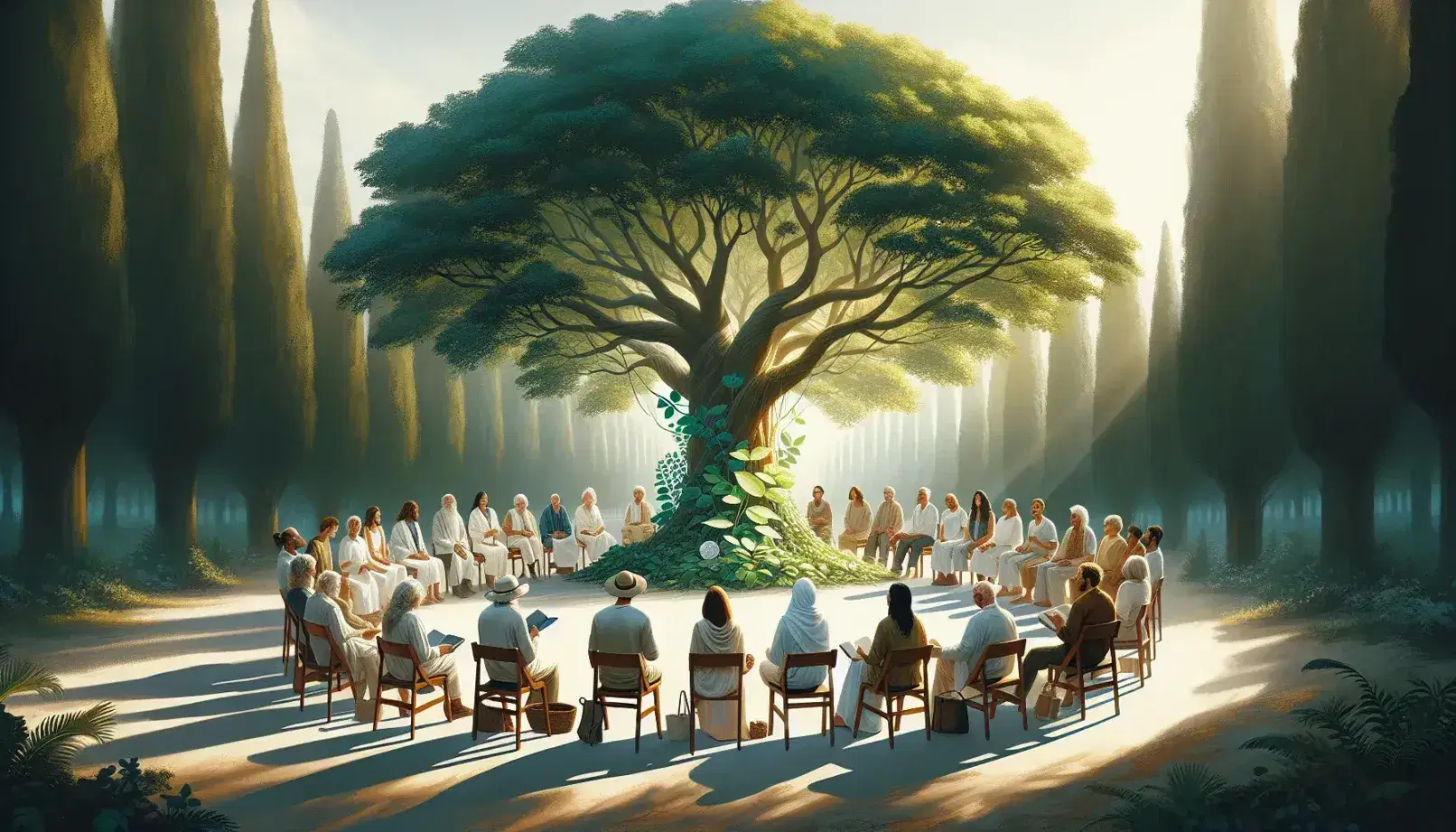 Gruppo eterogeneo seduto in cerchio all'aperto con albero centrale, luce solare filtrata, persone con libri e piantina in vaso.