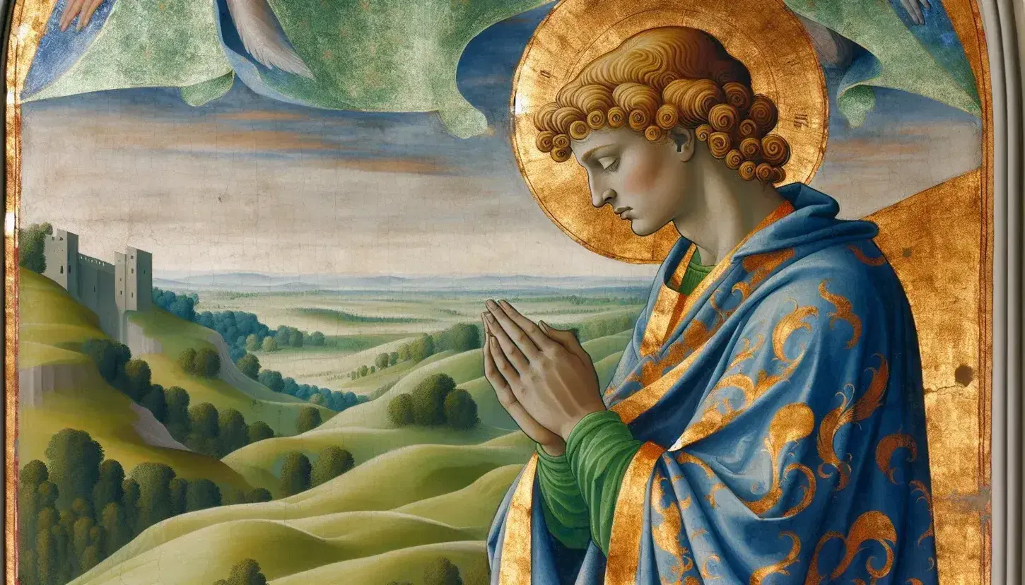 Affresco medievale raffigurante santo in preghiera con mantello blu e aureola dorata, su sfondo di colline verdi e cielo azzurro.
