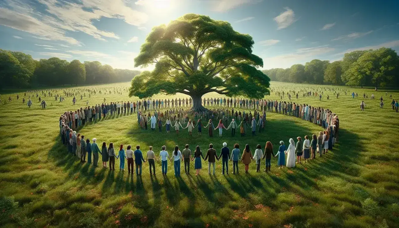 Gruppo di persone di varie età in cerchio mano nella mano in un parco, sotto un grande albero, con cielo azzurro e sole tra le foglie.