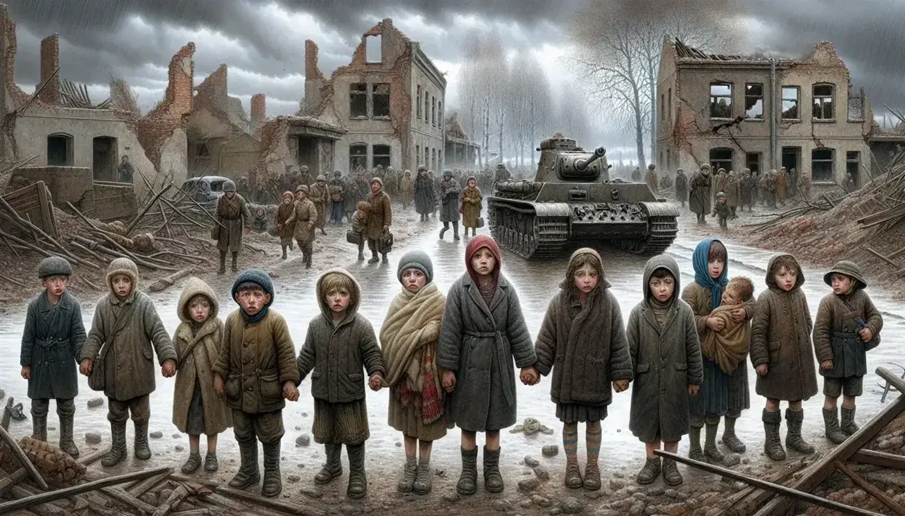 Bambini impauriti si tengono per mano in un campo di battaglia del XX secolo con rovine edifici e carro armato abbandonato.