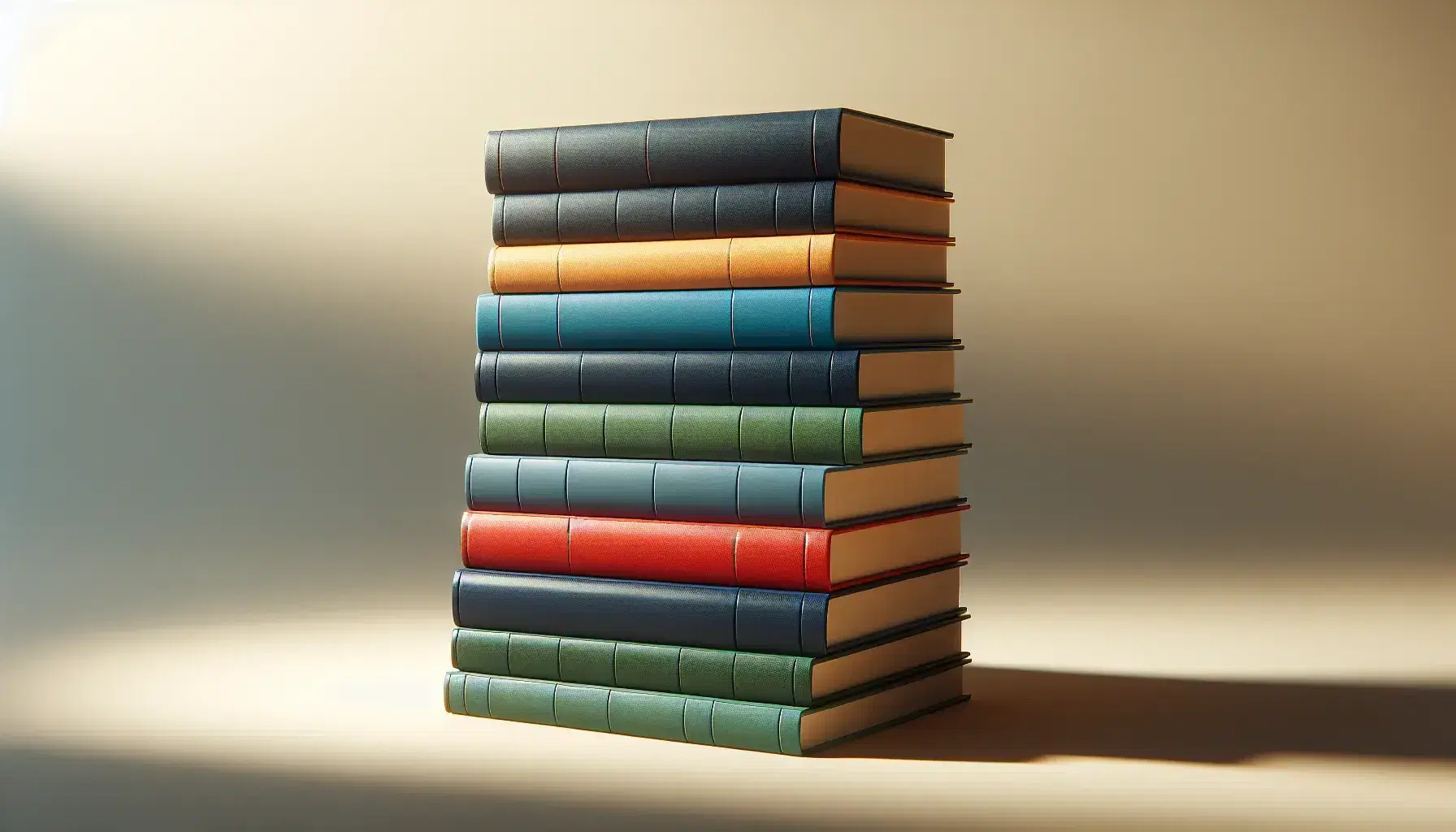 Neat stack of hardback books with colorful covers in gradation from dark blue to red, on a blurred beige background and light shadow on the right.