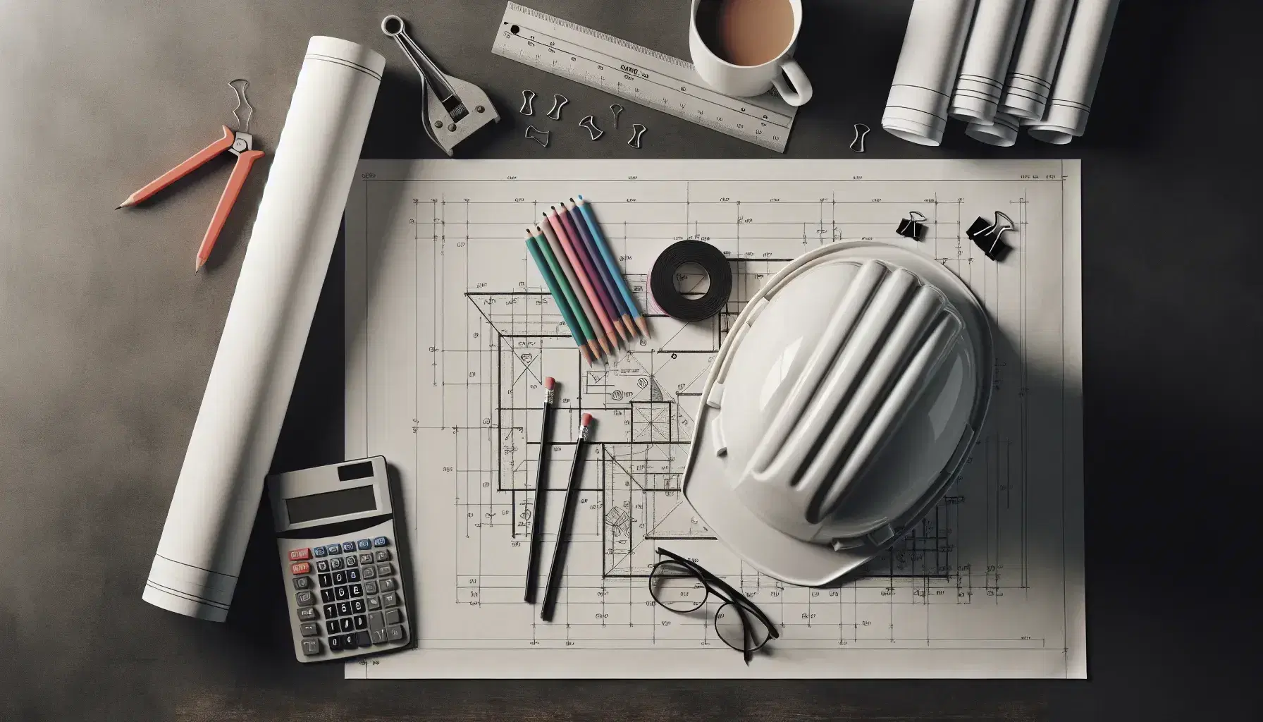 Vista superior de un escritorio de trabajo con casco de seguridad, planos arquitectónicos, regla metálica, lápices, calculadora científica, marcadores de colores y taza de café.