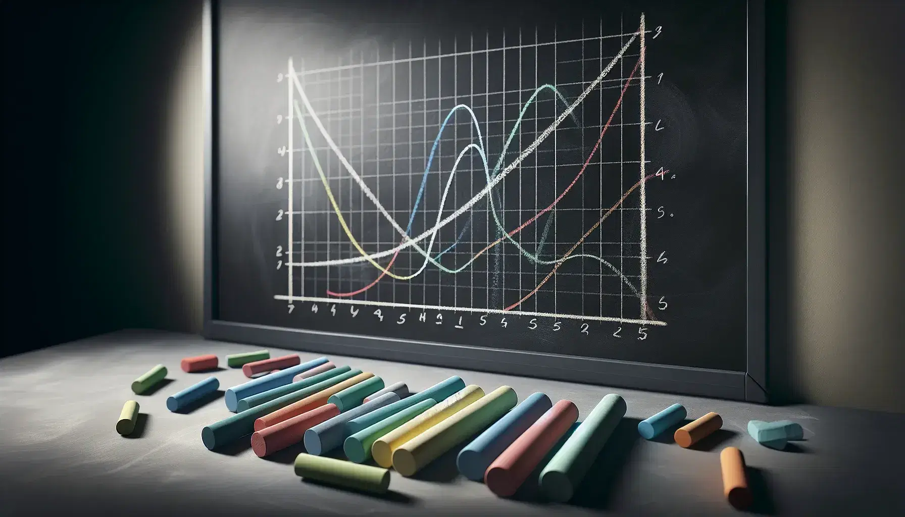 Close-up view of a blackboard with a hand-drawn hyperbolic curve on a coordinate plane and a row of colorful chalk sticks at the bottom.