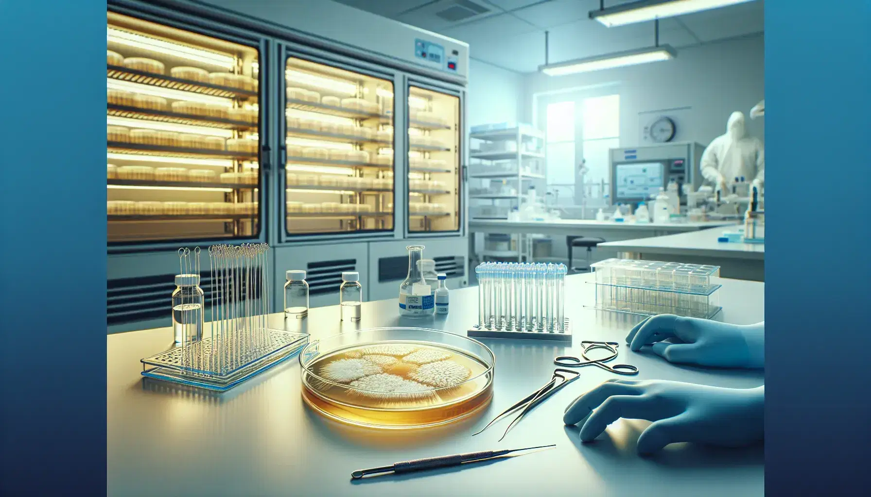 Laboratory bench with petri dish showing bacterial colonies on yellow agar, sterile inoculating loops on blue mat, and hands with pipette and vial.