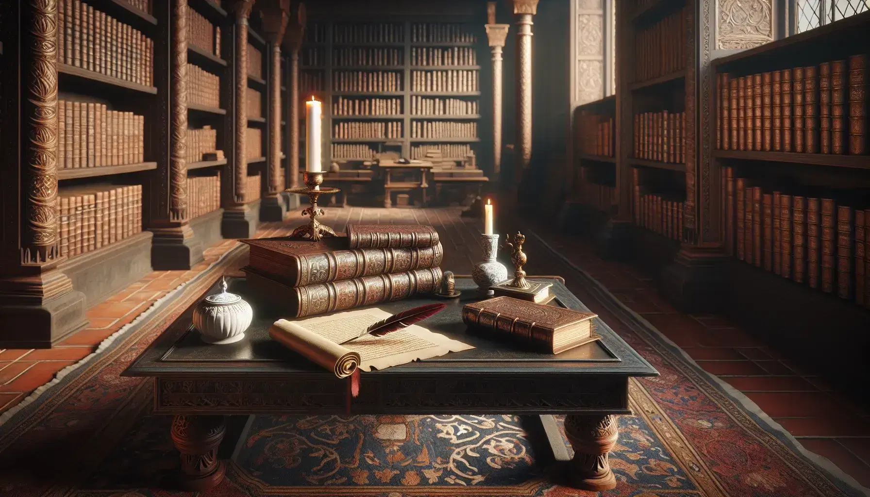 Biblioteca antigua con mesa de madera oscura y libros encuadernados en cuero, tintero de porcelana con pluma, candelabro de bronce y pergamino atado, estantes llenos de libros y alfombra persa.