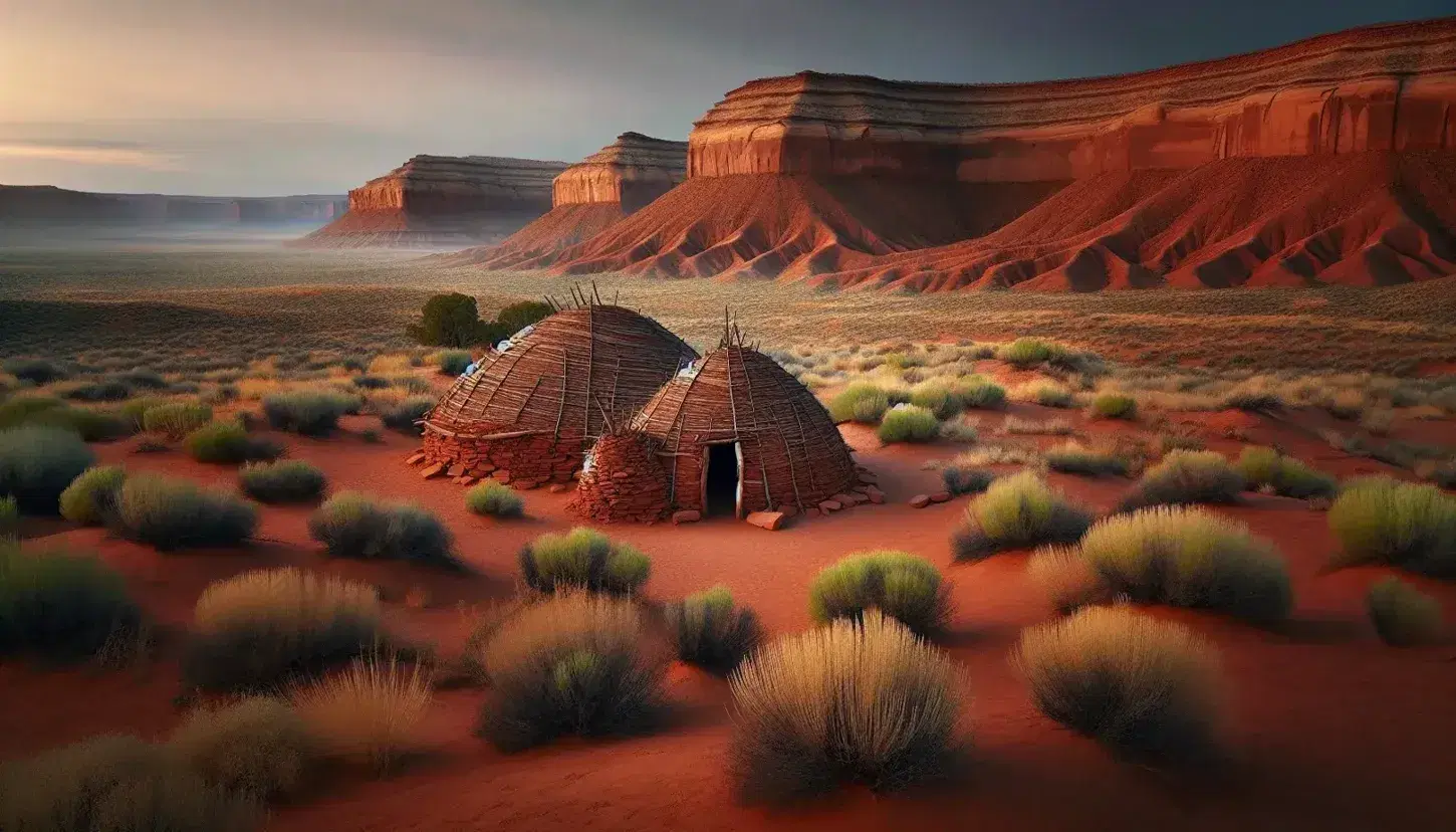Serene twilight desert scene with traditional Native American hogans, sparse vegetation, red sandstone mesas, and a gradient sky transitioning to night.