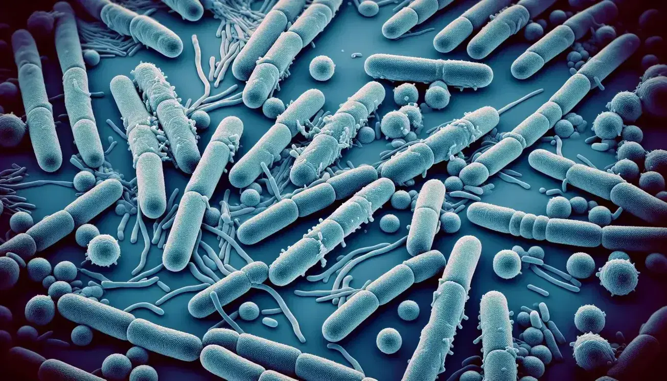 Vista microscópica de células bacterianas procariontes con bacilos azul pálido, cúmulos de cocos y espirilos oscuros en fondo homogéneo.