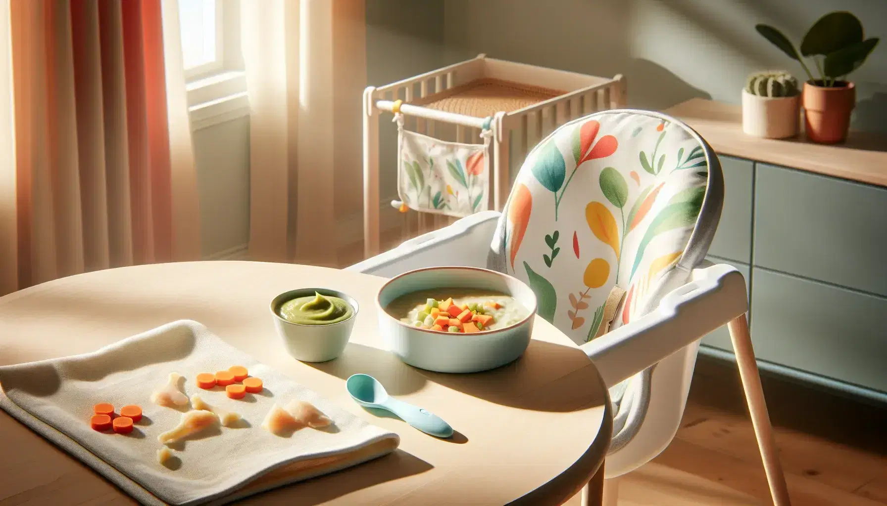 Cocina luminosa con mesa de madera y plato de puré de verduras, zanahorias y pollo, cuchara de silicona azul y trona de bebé al fondo.