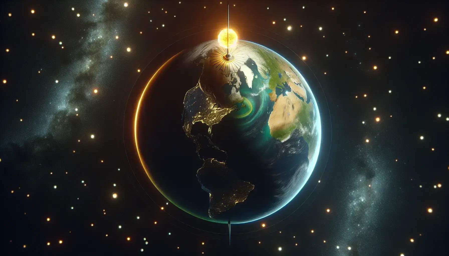 Globo terrestre illuminato con assi inclinati, mostra continenti verdi e marroni e oceani blu, con simulazione del Sole e stelle sullo sfondo.