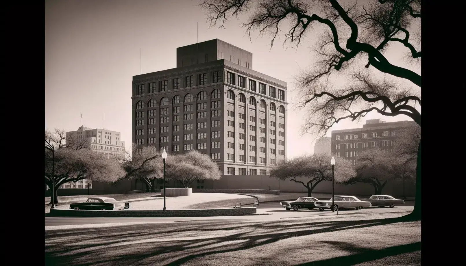 Vintage black-and-white photo of Dealey Plaza with the Texas School Book Depository, grassy knoll, and classic 1960s cars, under a clear midday sky.