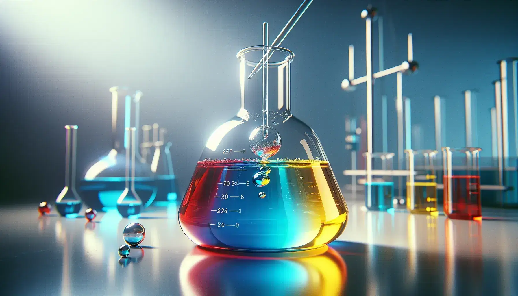 Glass flask on reflective surface with chemical reaction in colored layers: blue, yellow and red, and glass rod.