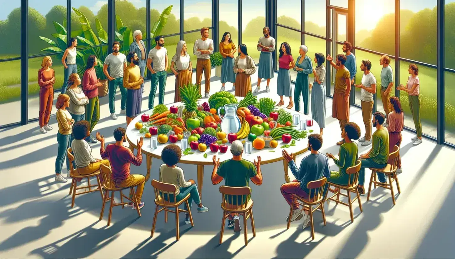 Grupo diverso de personas reunidas alrededor de una mesa con frutas, verduras y agua, en un ambiente iluminado y colaborativo.