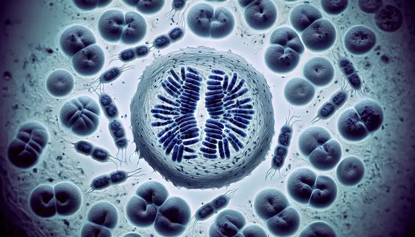 Vista microscópica de células humanas en división, destacando una en metafase con cromosomas alineados y otras en pro y anafase, teñidas en azul sobre fondo gris.